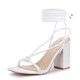thumbnail image 1 of Women's Strappy Chunky Heels Sandals, Lace Up 3 inch Low Block Heels Ankle Wrap Heel Square Open Toe Tie Up Heeled Sandals Shoes, 1 of 5