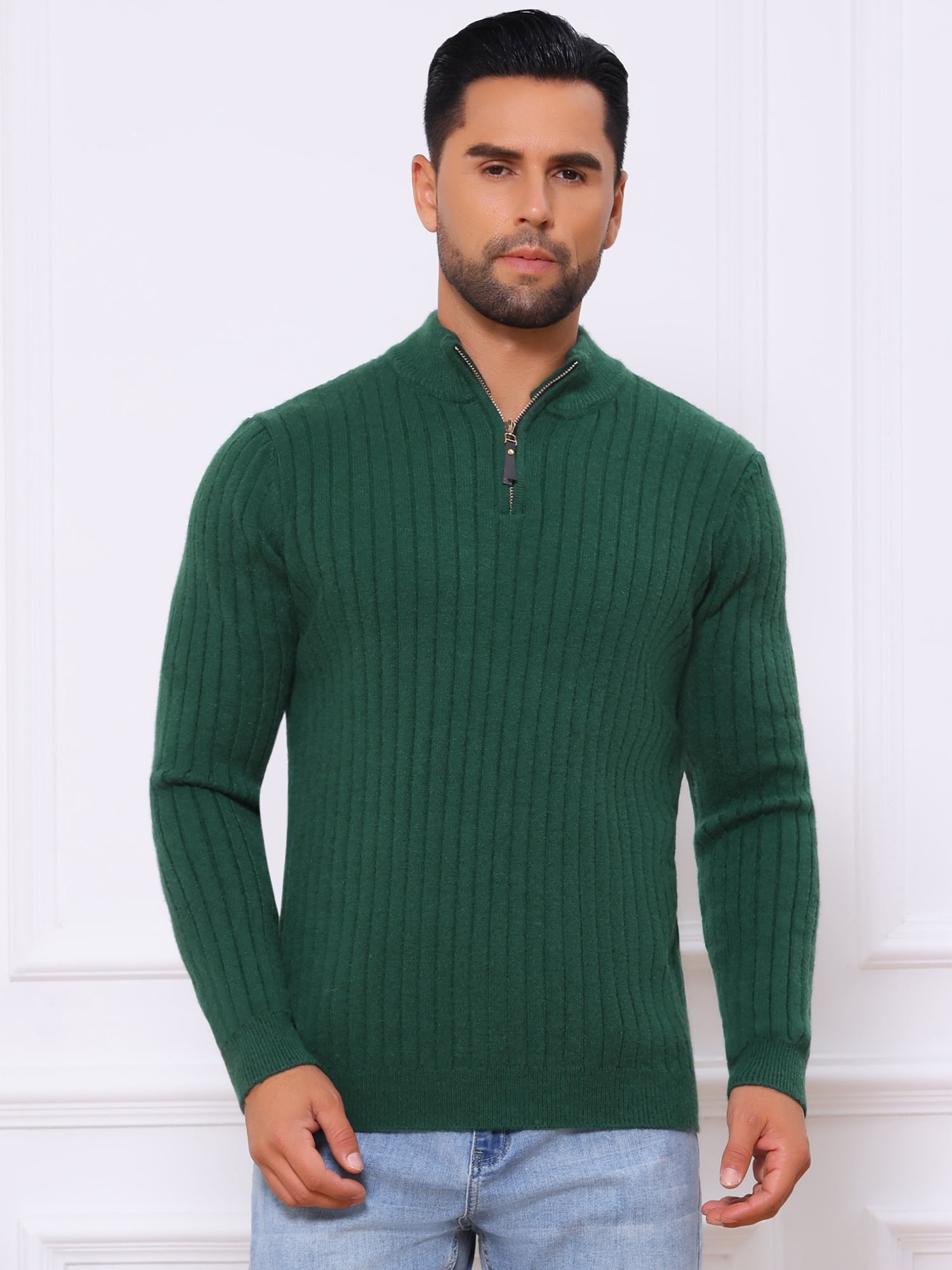 DARING DIVA Men's Casual Pullover Knitted Mock Neck Polo Sweater S Green