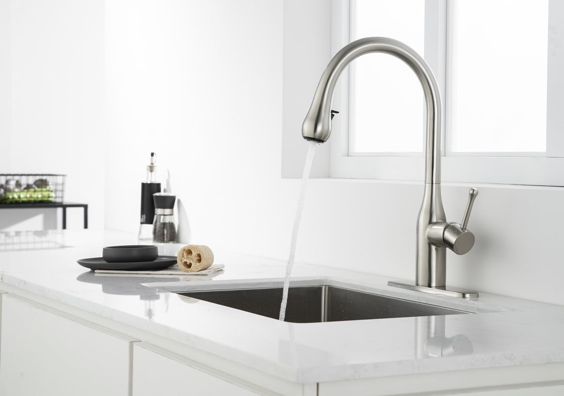 AUKTOPT Modern Hidden Pull-Out Kitchen Faucet with 2 Water Modes, Swivel High Arc Kitchen Sink Faucet with Deck Plate Suit to 1 or 3 Holes , Solid Brass Construction, Brushed Nickel