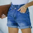 thumbnail image 2 of Women Short Pants Elastic Waist Button Pockets Rolled Edges Simple Casual Summer Shorts Deep Blue XL, 2 of 8