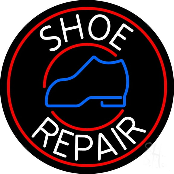 White Shoe Repair Withe Red Border LED Neon Sign 18 x 18 - inches, Black Square Cut Acrylic Backing, with Dimmer - Bright and Premium built indoor LED Neon Sign for store interior Décor, Storefront.
