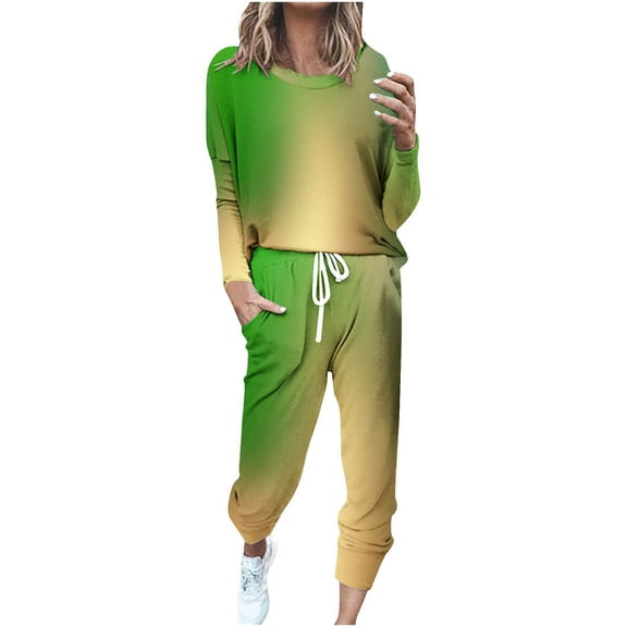 Annhoo Workout Sets for Women 2 Piece Gradient Colour Outfits Long Sleeve Round Neck Tops Trousers Plus Size Fall Clothes