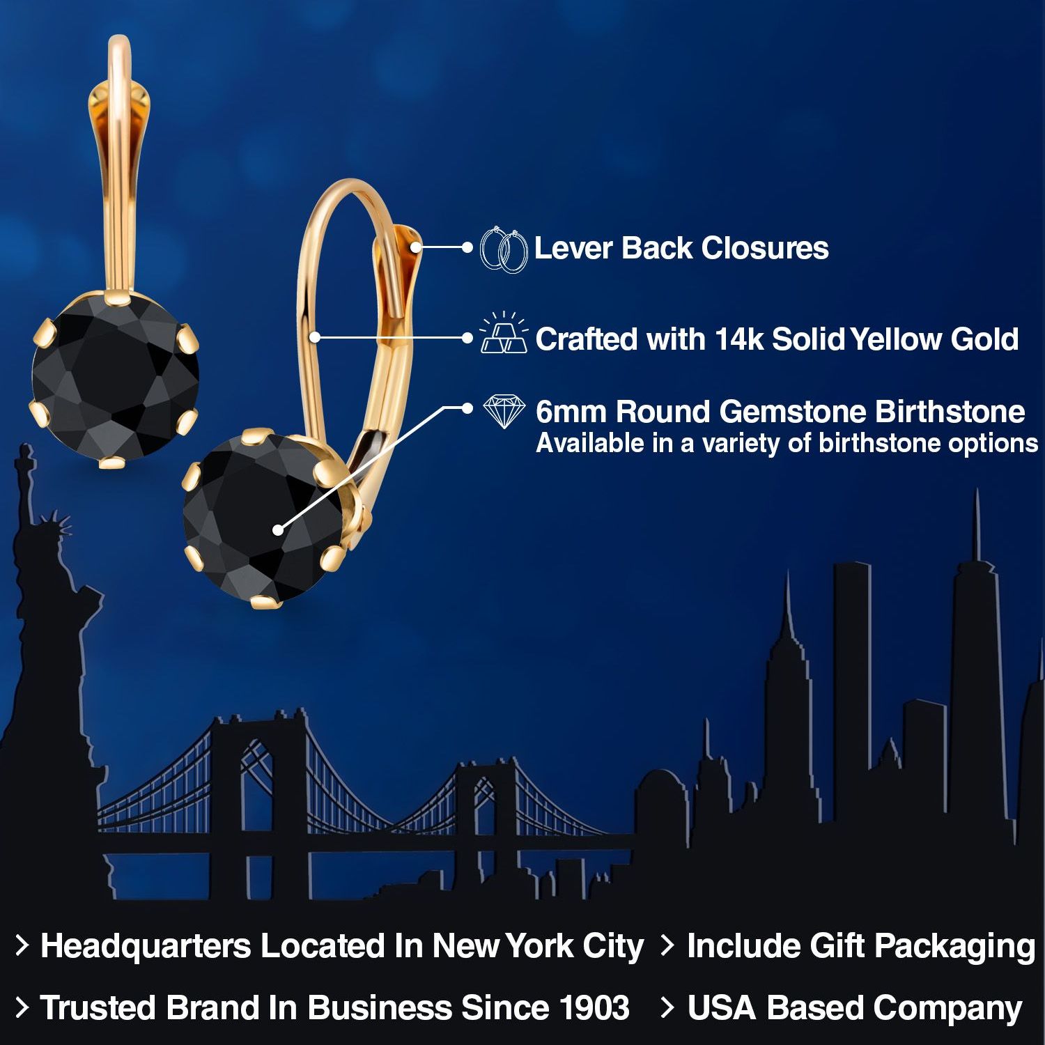 Gem Stone King 14K Yellow Gold Round Black Sapphire Earrings for Women (2.30 Cttw, Round 6MM)