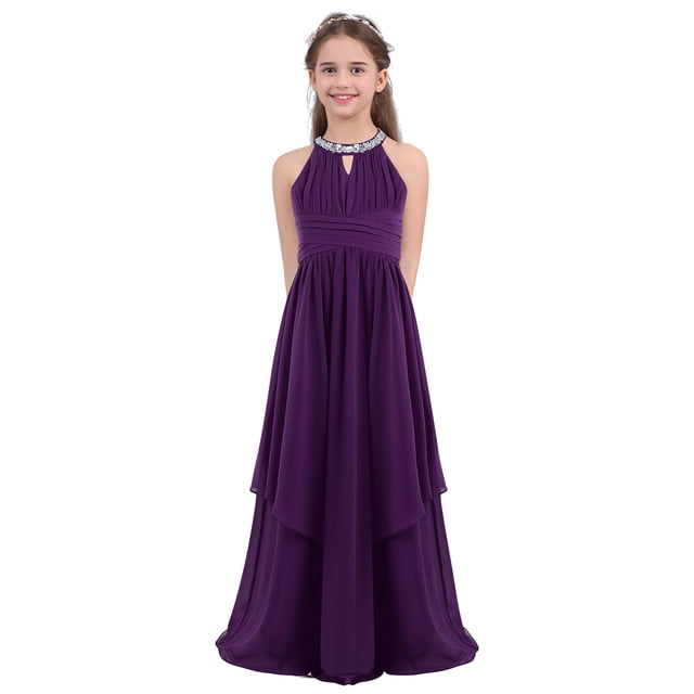Oyolan Robe de Demoiselle d'Honneur pour Enfants Robe Longue en Chiffon pour Concours Soirée Danse Violette 16