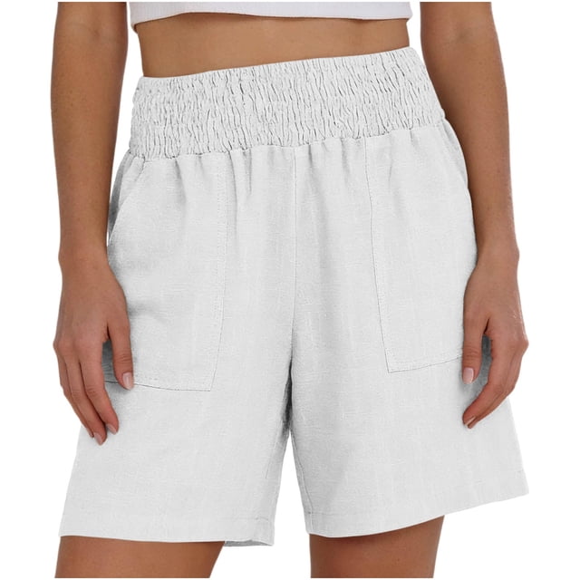 Shorts Casual de Mujer de Cintura Alta - Bermudas Rectas de Moda Elásticas con Cintura Fruncida y Bolsillos, Blanco, L