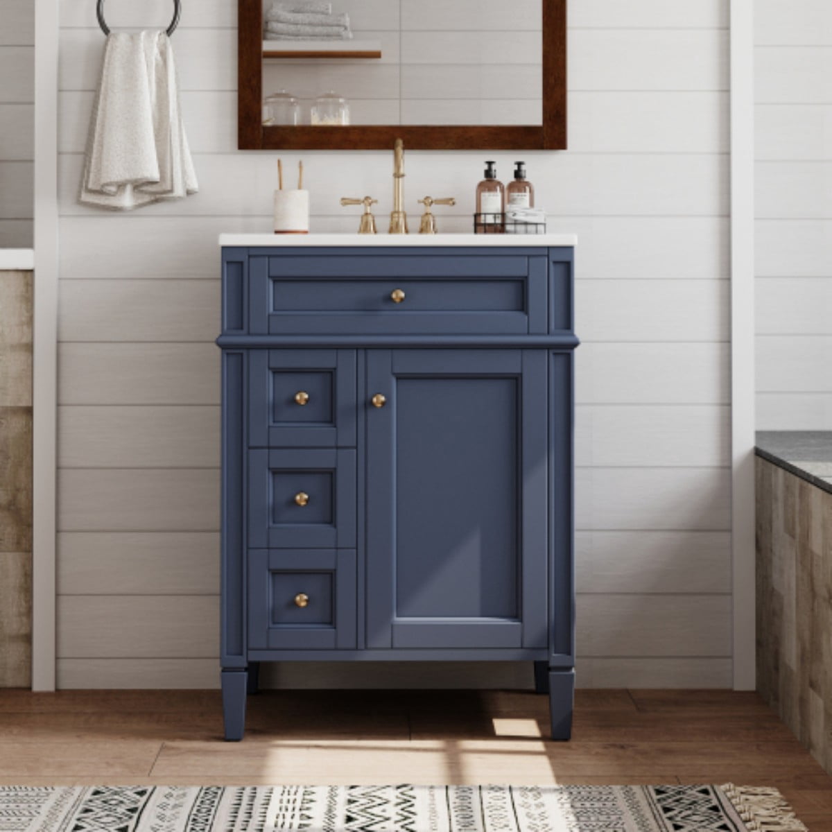 24" Bathroom Vanity with Sink, Modern Freestanding Bathroom Vanity Cabinet with Ceramic Sink, 3 Drawers & Tip-Out Drawer, Adjustable Shelf, Green Storage Cabinet, Blue