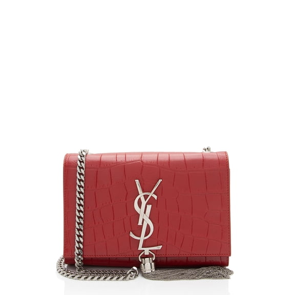 Pre-Owned Saint Laurent Croc Embossed Leather Monogram Kate Tassel Mini Shoulder Bag