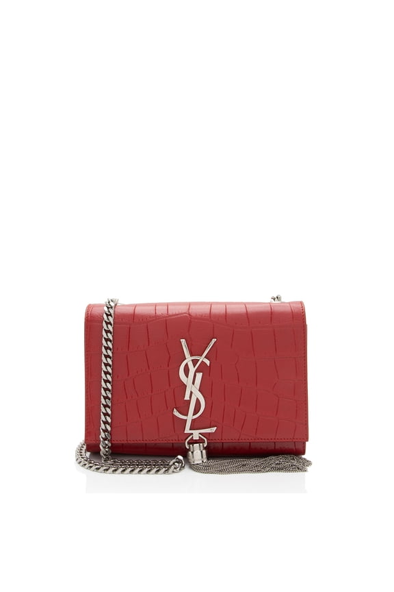 Pre-Owned Saint Laurent Croc Embossed Leather Monogram Kate Tassel Mini Shoulder Bag
