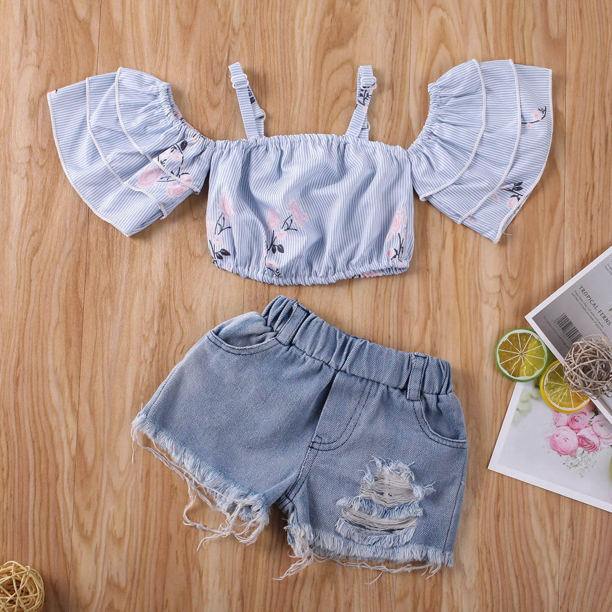 Little Baby Girls Top+Denim Ripped Shorts Kids Summer Outfit Newborn Casual Suit 