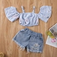 thumbnail image 2 of Opperiaya Baby Girls Clothes Set Off Shoulder Crop Tops+Ripped Denim Shorts, 2 of 5