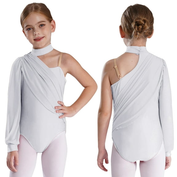 YUUMIN Kids Girls Long Sleeve One Shoulder Mesh Ballet Dance Leotard Bodysuit Modern Contemporary Dancewear White 6