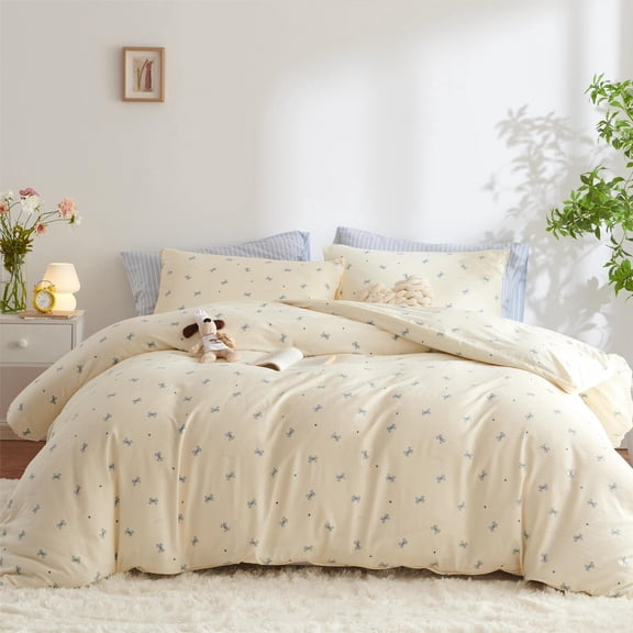 3 Pieces Bow Jacquard Duvet Cover Cartoon Blue Bowknot Pattern Comforter Cover Soft Breathable Cute Coquette Bedding,Queen Size