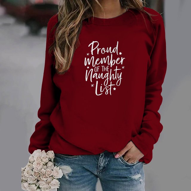 Pntutb Tops de mujer Suéter de cuello redondo con estampado navideño Blusa suelta Sudadera sin capucha Pntutb Pntutb-3584