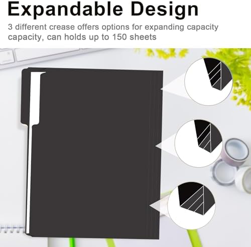 File Folder,  150 Pack 1/3 Cut Tab File Folders Letter Size, Black Folders for Dcouments, Folders with Tab Great for Organizing and Easy File Storage