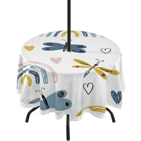 

SKYSONIC Rainbow Round Tablecloth with Zipper Umbrella Hole Waterproof Washable Polyester Fabric Table Cover for Outdoor Patio Garden Party 60 Inch