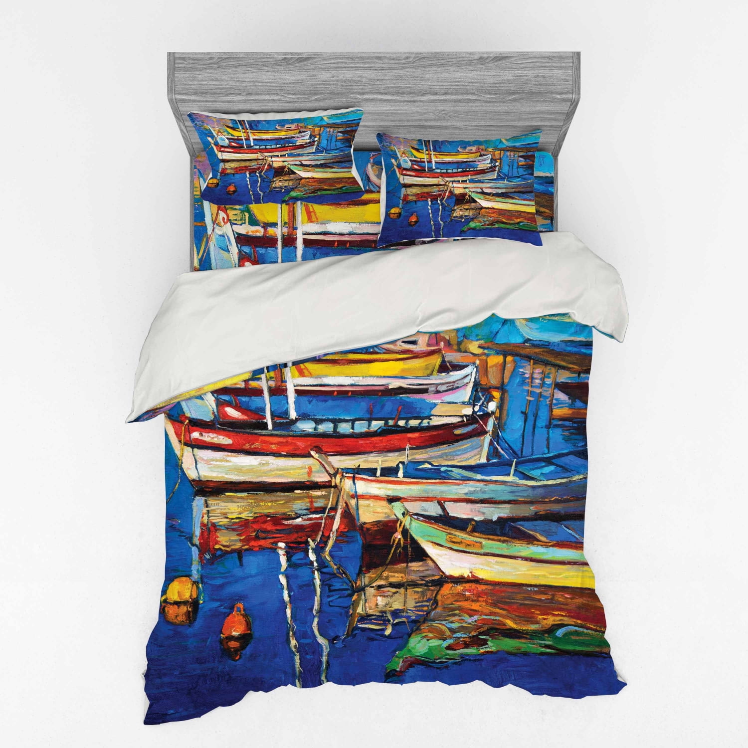 Country Duvet Cover Set, Folk Art Style Paint of Boats on Shore at