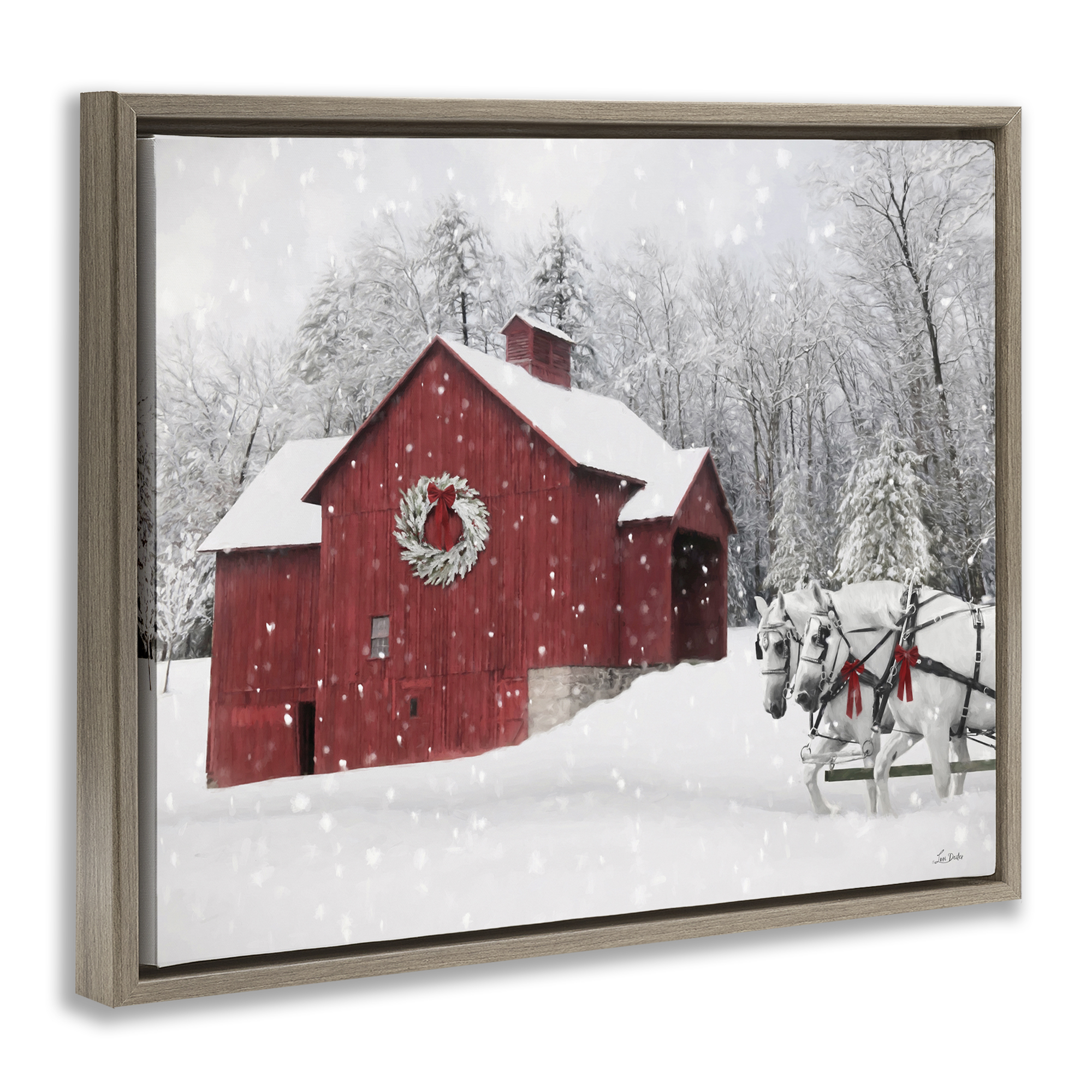Stupell Industries Snow Covered Red Barn Holiday Painting Brown Floater Framed Canvas Art Prints Wall Art, 21 x 17