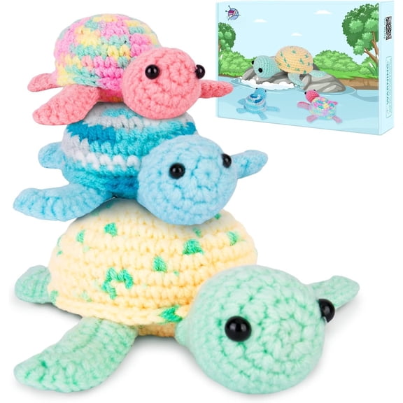 Crochet Kit for Beginners, Beginner Crochet Kit for Adults with Step-by-Step Video Tutorials, DIY Crochet Kits Knitting Supplies, 3 Pack Turtle (40%+ Yarn)