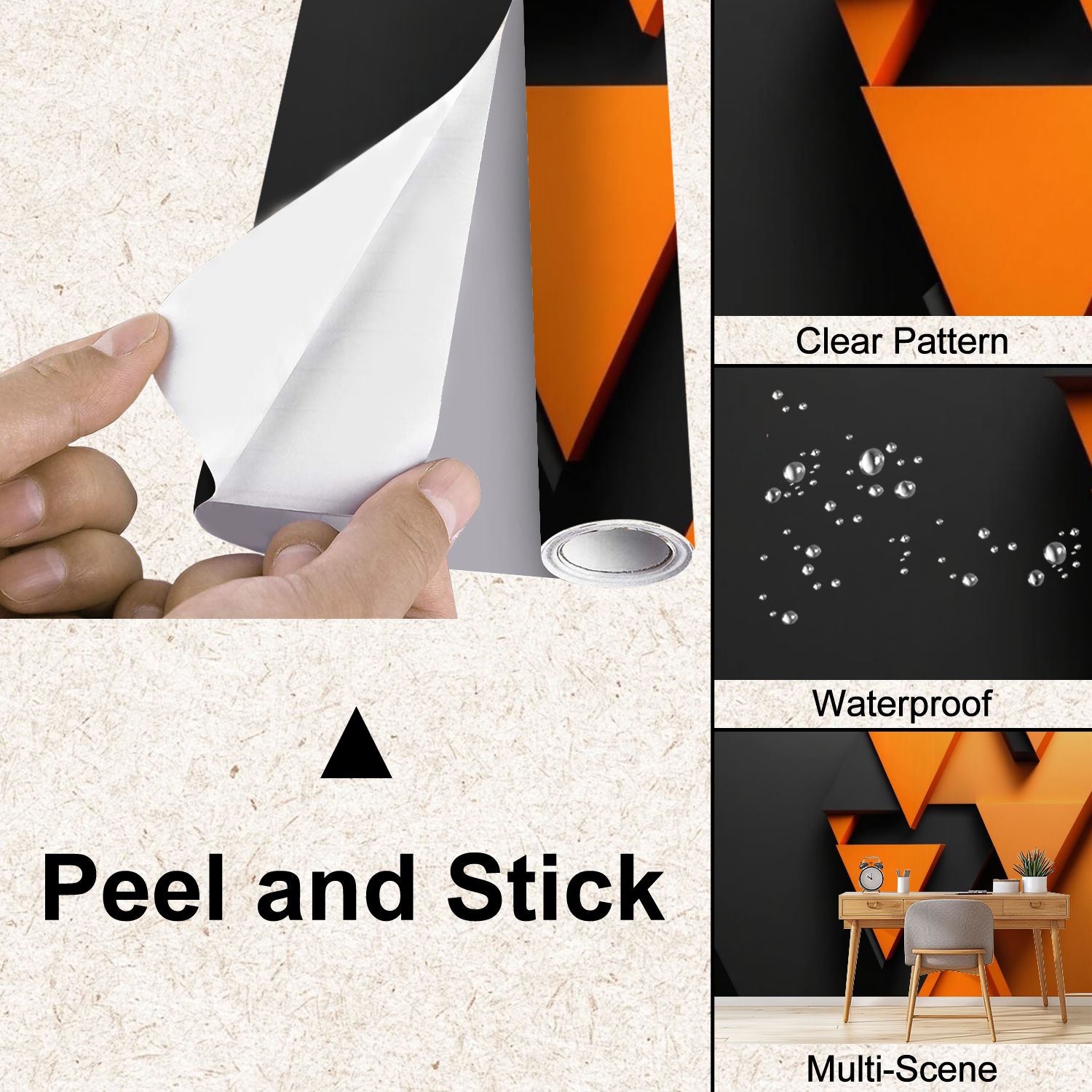 Peel and Stick Wallpaper 3D Geometry Abstract Triangles Sharp Edges Black Orange Color Schema Modern Art Wall Mural Decor Self Adhesive and Removable 100in x 144in