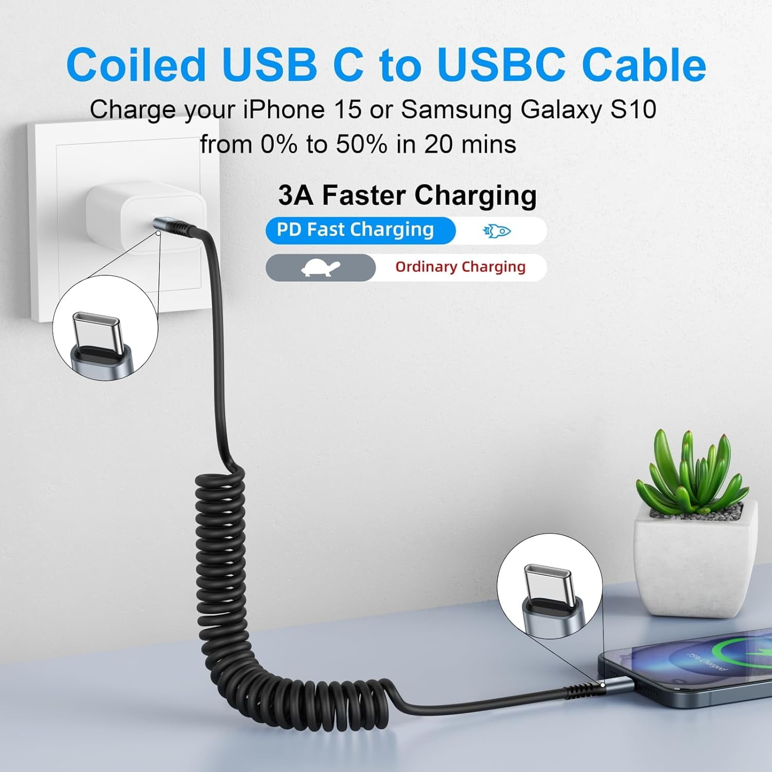 USB C to C Cable 3ft 2Pack Coiled USB C Charger Cable for Car Type C Fast Charging Cable for iPhone 17/16/15/Plus/Pro/Pro Max/Samsung Galaxy S23