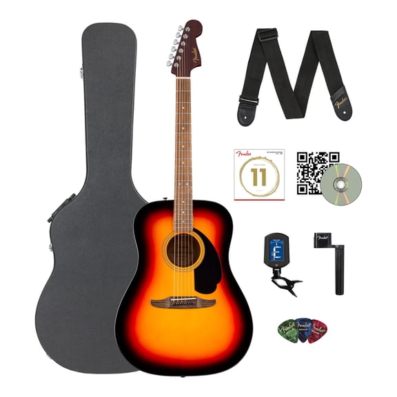 Fender California Standard Redondo Spruce Top Acoustic Guitar - 3-Color Sunburst Bundle with Hard Case, Tuner, Strings, Strap, String Winder, Picks, and Austin Bazaar Instructional DVD