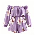 thumbnail image 4 of uvwlwu Women Floral Print Off Shoulder Romper Ruffle Layer Long Sleeve Elastic High Waist Short Jumpsuit Stylish Casual Everyday Summer Vacation Outfit,XXL, 4 of 4