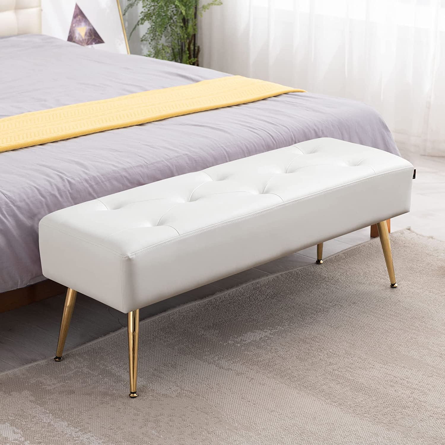 Upholstered Tufted Bench Entryway Ottoman Footrest Living Room Foot