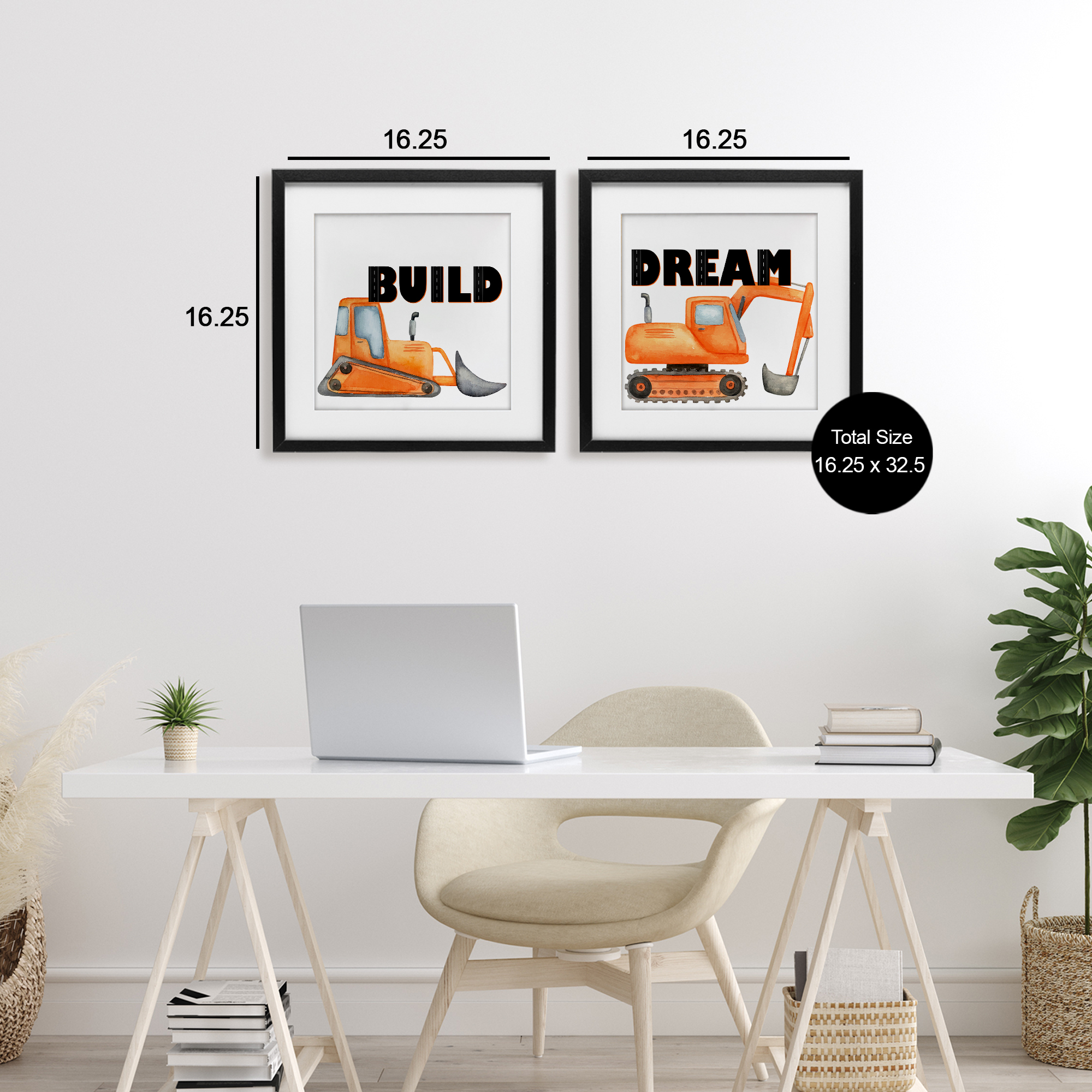 Build & Dream Construction Vehicles 2 Piece Black Framed Print Under Glass Set, design by Kim Allen