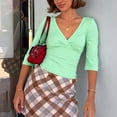 thumbnail image 6 of QASIEATN Womens 3/4 Sleeve Deep V Wrap Neck Ruched Crop Tops Summer Open Back Tshirt Slim Fit Classic Blouse Tee Fall Fashion Outfits, 6 of 9