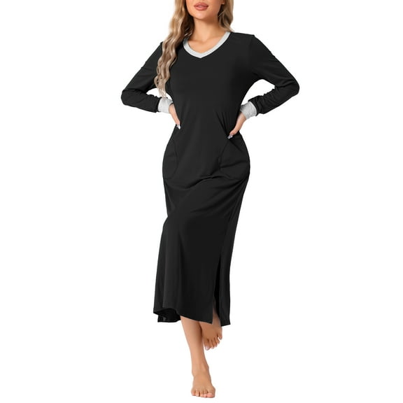 INSPIRE CHIC Women's Nightgown Long Sleeve V Neck Soft Night Shirt Dress with Pockets M Black