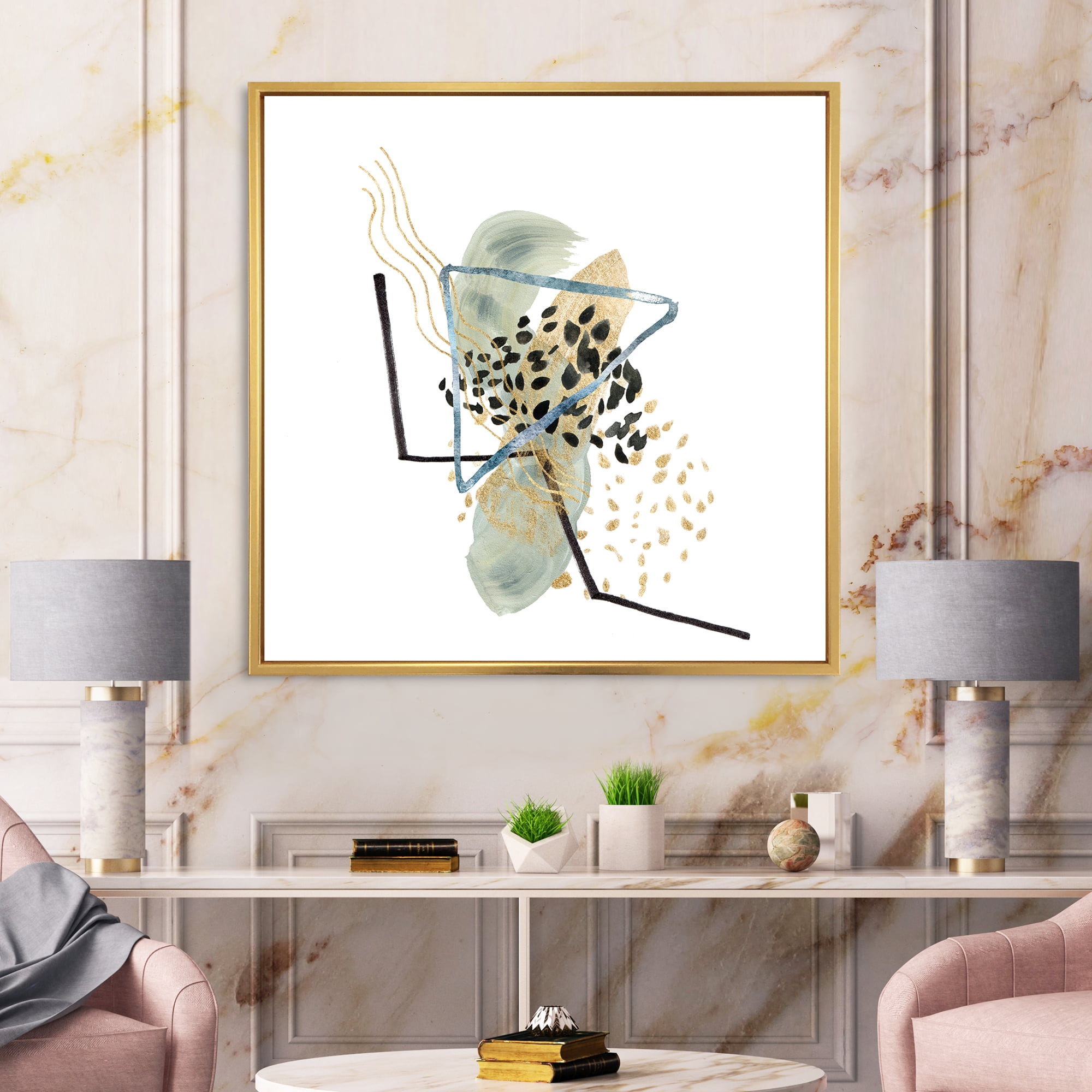 Designart 'Minimalistic Golden Polka Dots and Ink Mountains' Modern Framed Canvas Wall Art Print