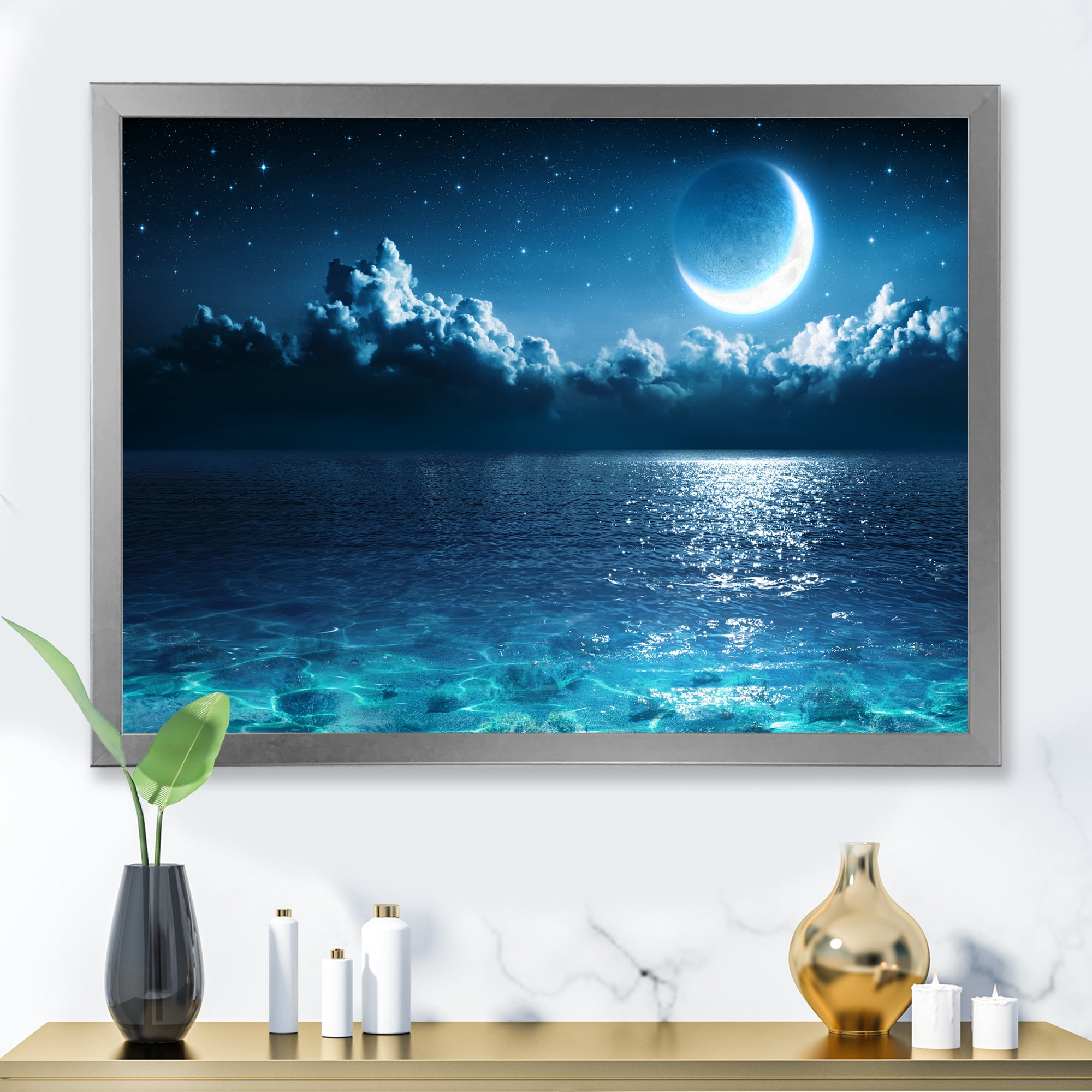 Designart 'Romantic Moon and Clouds Over Deep Blue Sea I' Nautical & Coastal Framed Art Print