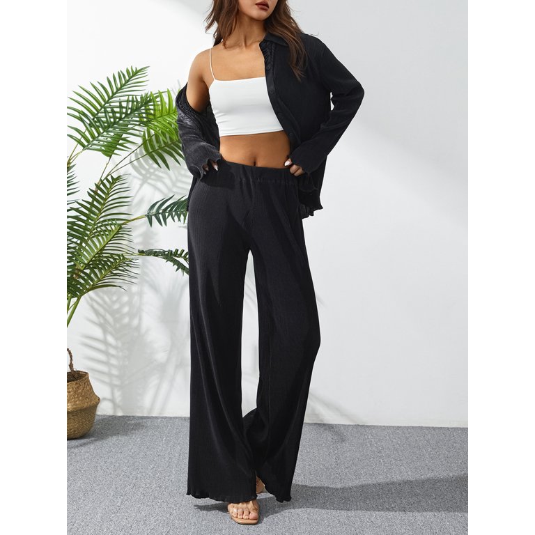 Women Pleated 2 Piece Outfit Loungewear Pants Set Long Sleeve Button Down  Blouse Shirt Palazzo Pants Suit Streetwear