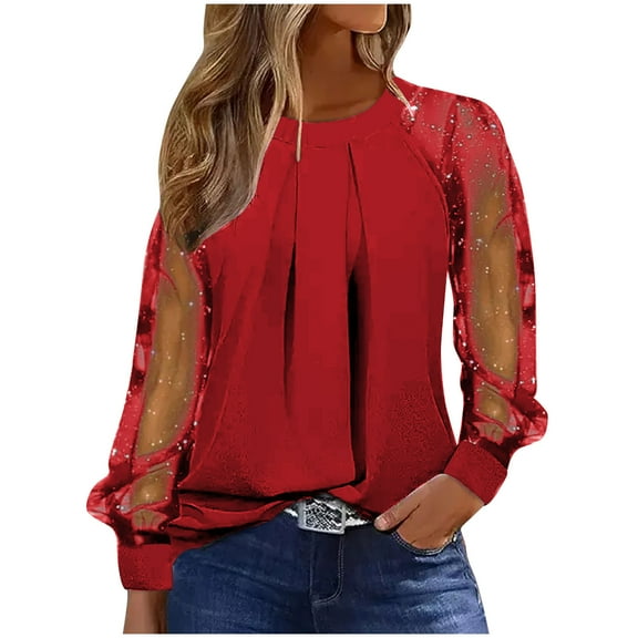 tarylea Trendy Tops for Women Mesh Patchwork Pleated Shirts Crew Neck See Through Long Lantern Sleeve Tops Loose Casual Wear