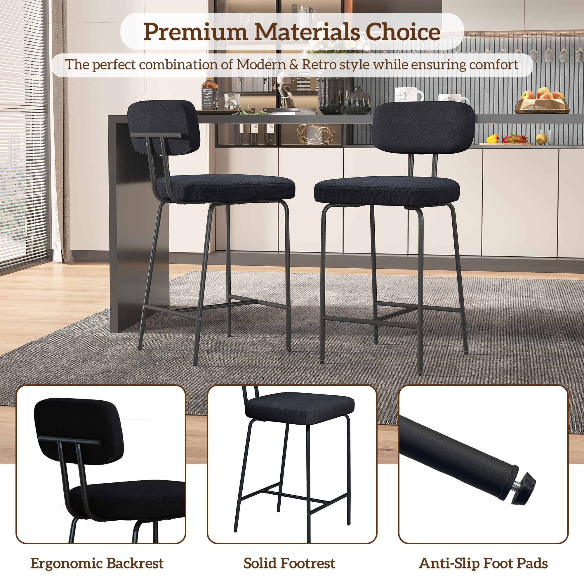 HomeZeer Counter Height Bar Stool Chairs Set of 4, 26" Kitchen Island Barstools with Back and Footrest, Square Line Fabric Upholstered Bar Chair ,Black