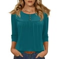 thumbnail image 2 of Henley Shirts for Women 3/4 Length Sleeve Womens Tops Button Up Blouse Pleated Dressy Tunic Tops Cyan S, 2 of 3