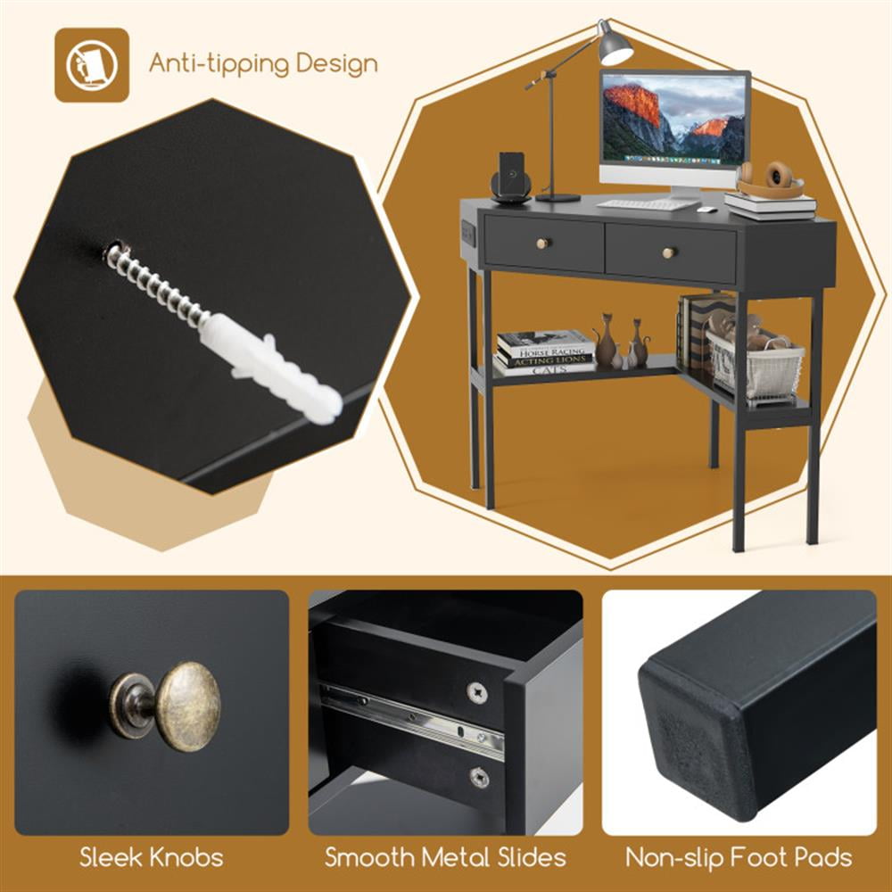 Demi Bonn Triangle Corner Desk with Charging Station with 2 Drawers and Storage Shelf, Small Home Office Desk Study Writing Table, Black