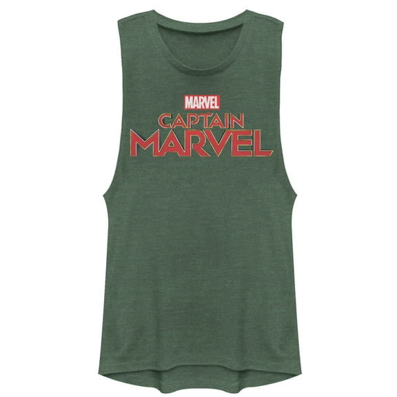 Junior's Marvel Captain Marvel Classic Logo Festival Muscle Graphic Tee Pine Green Heather Small