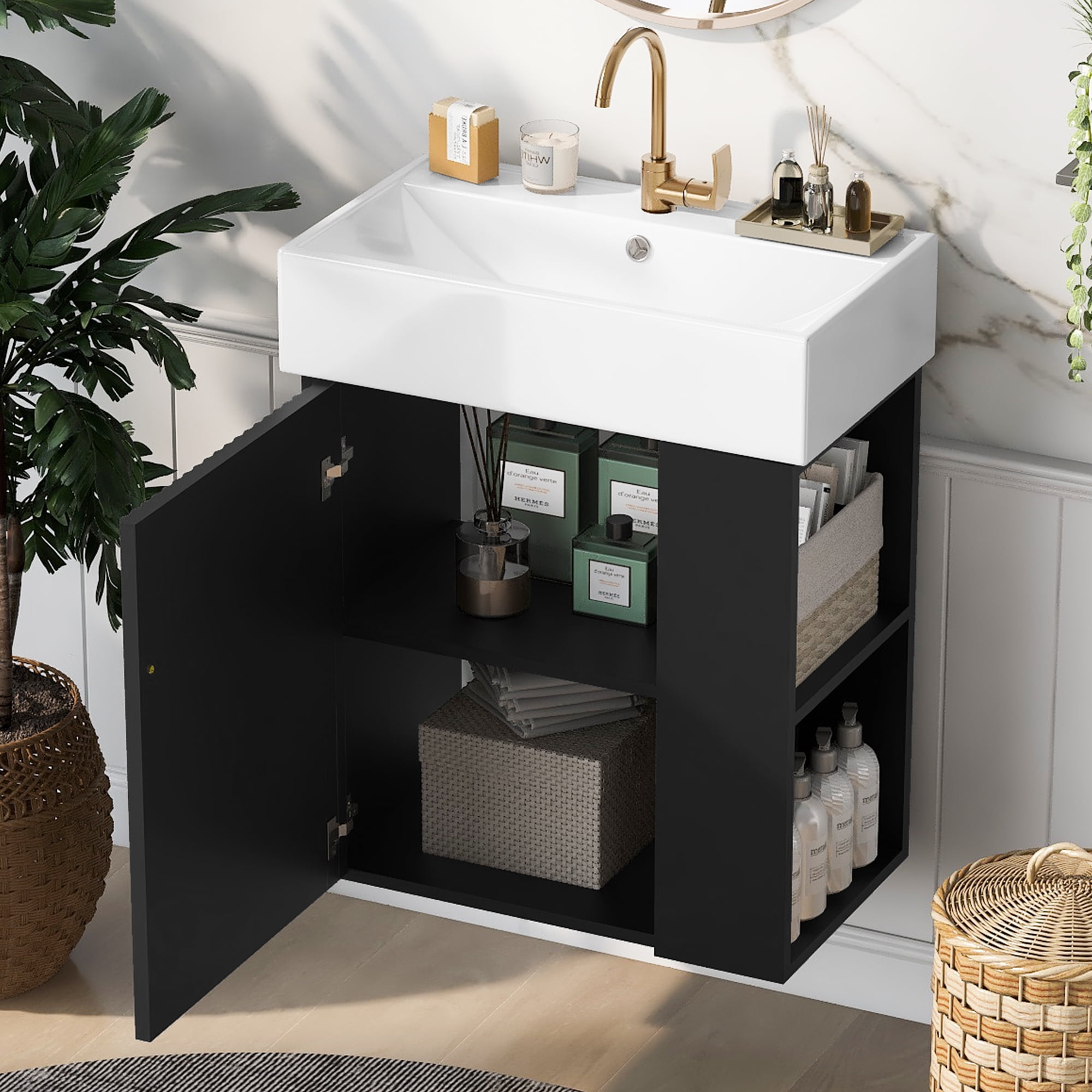 Noble House 21.6inch Modern Floating Bathroom Vanity with Ceramic Basin for Small Bathrooms, Right side storage,Black