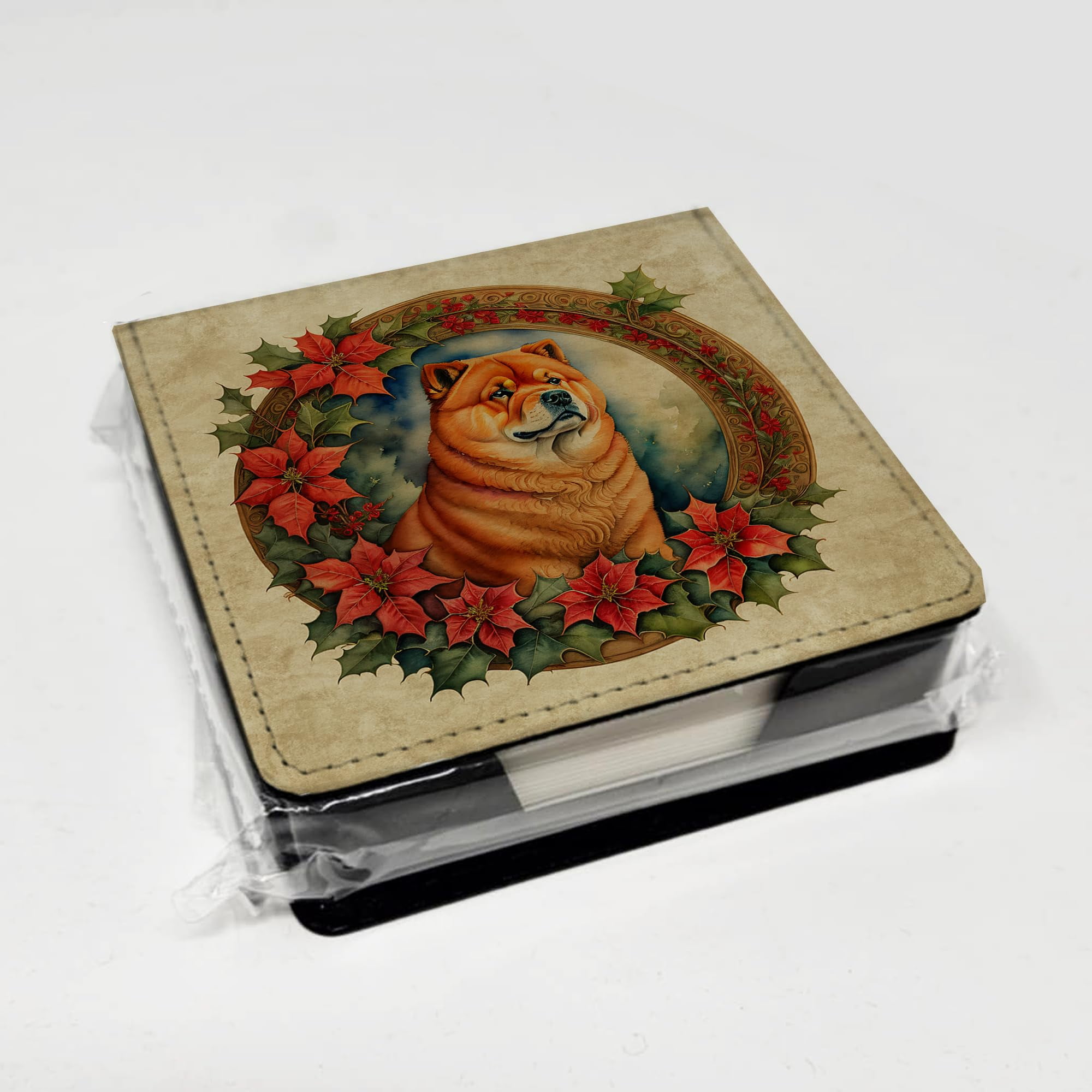 Caroline's Treasures Chow Chow Christmas Flowers PU Leather Note Paper Holder with Artist-Designed Cover, Desk Accessory, Office Gift