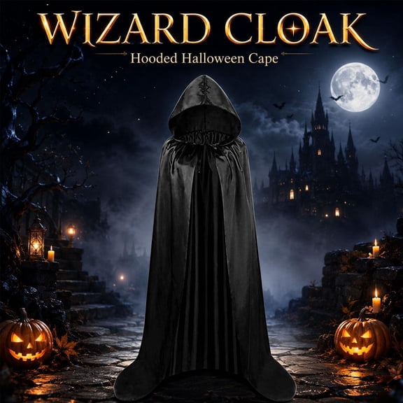 Unisex Full Length Hooded Cape Christmas Costume Cloak, Black Satin Wizard Witch Vampire Cape for Halloween Cosplay, Masquerade and Theater Costumes