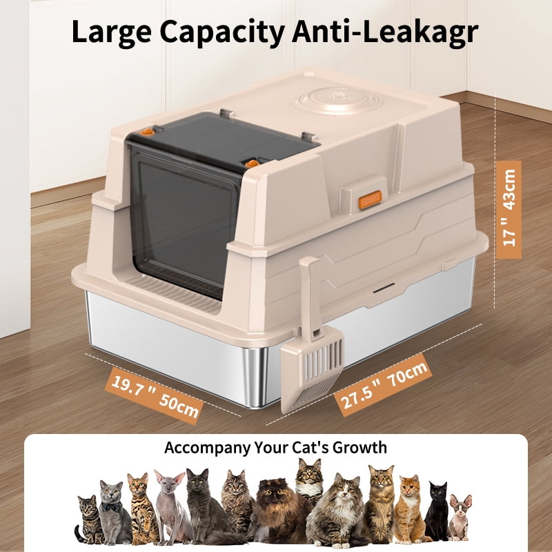 XXL Stainless Steel Cat Litter Box with Lid, 3-in-1 Enclosed Litter Box, 27.5 x 19.7 x 17 Inch Extra Large Metal Litter Pan for Big Cats, Odor Control, High Sided Anti-Leakage, Scoop Included