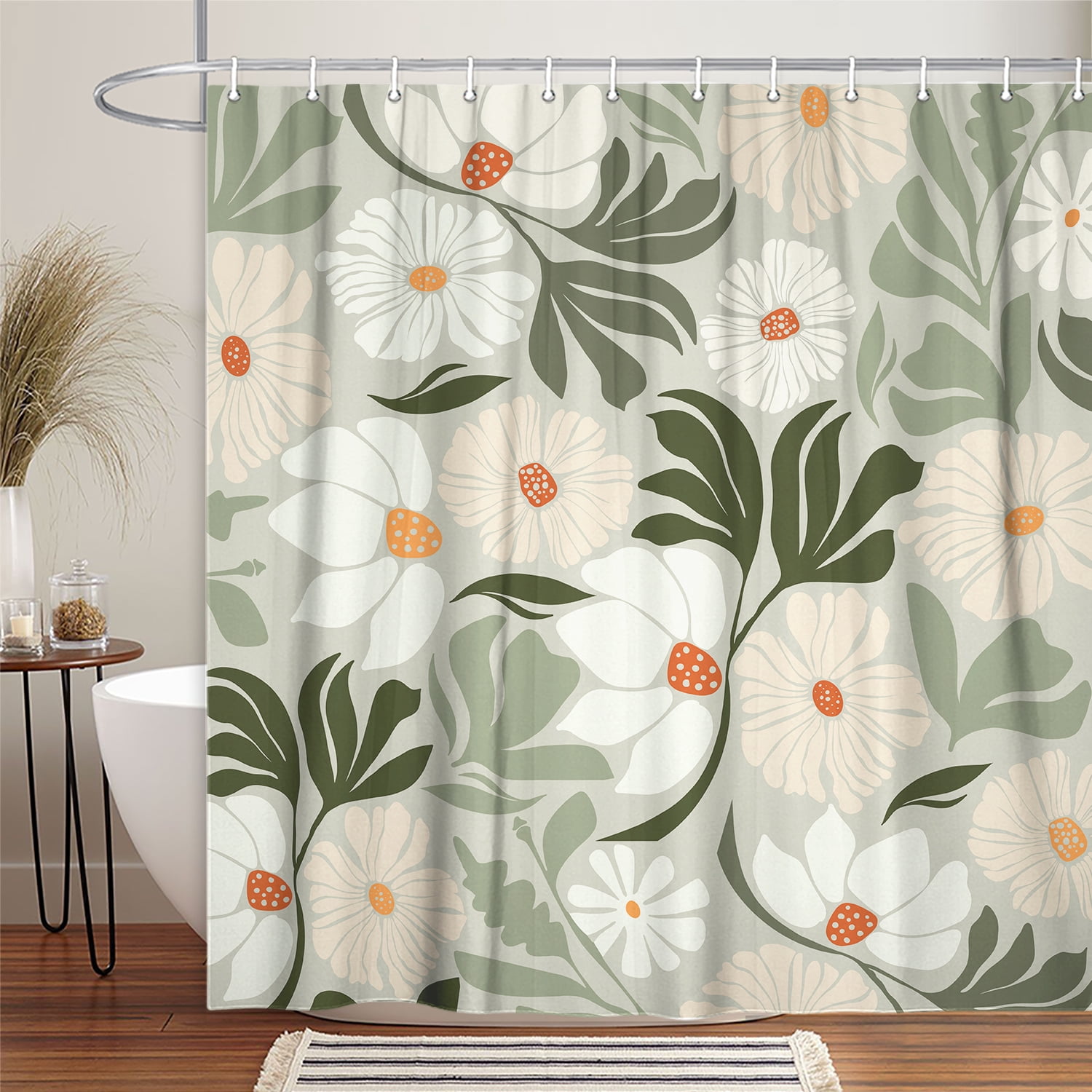 Cute Green Floral Shower Curtain for Aesthetic Bathroom Decor, Vintage Boho Farmhouse Modern Trendy Flowers Botanical Shower Curtain, Dark Green Plant Shower Curtain with 12PCS Hooks, 70X70IN