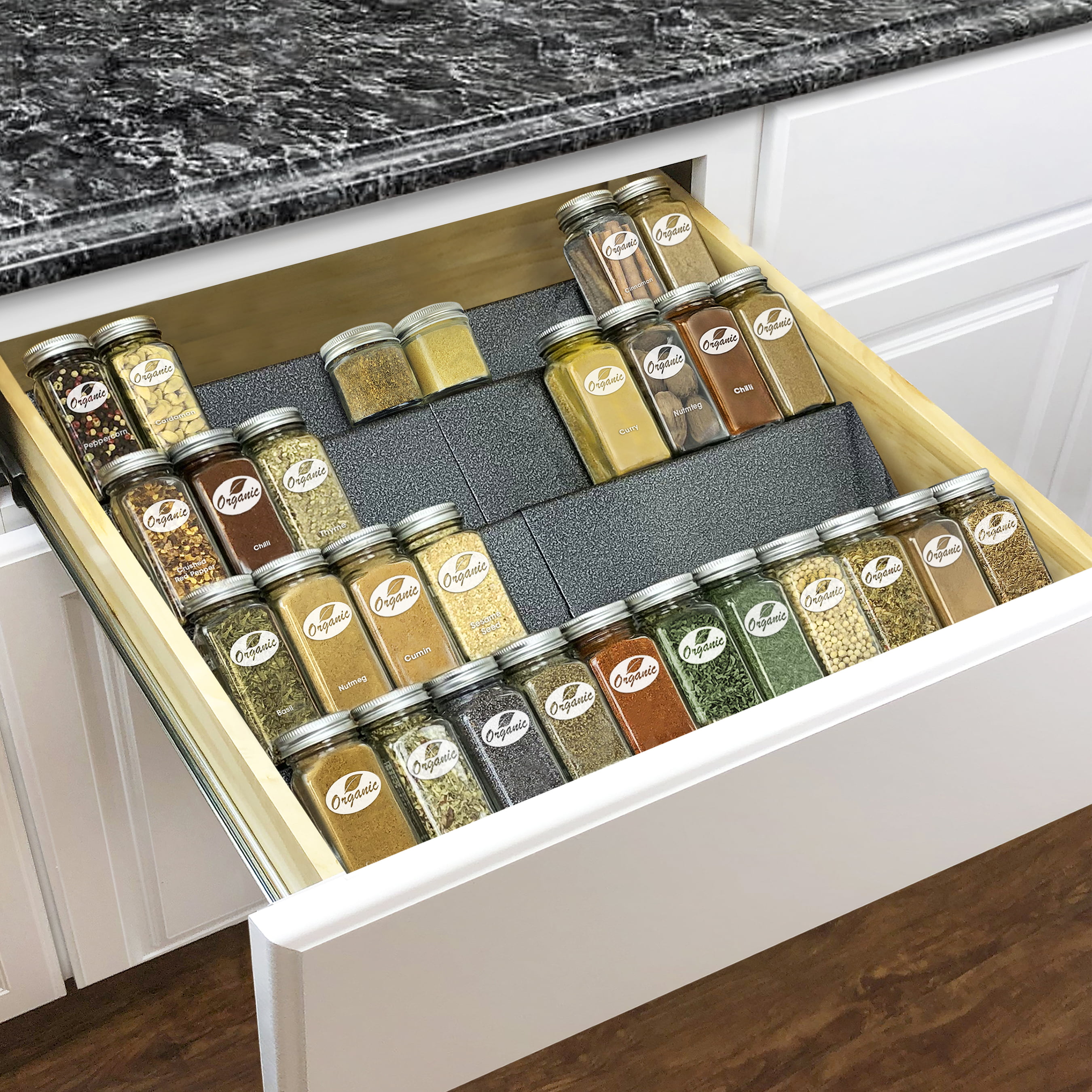 DEWVIE Spice Drawer Organizer, 4 Tier Stainless Steel Spice Rack Organizer  Expandable From 13 to 26 for Cabinet Kitchen Seasoning Jars Drawers