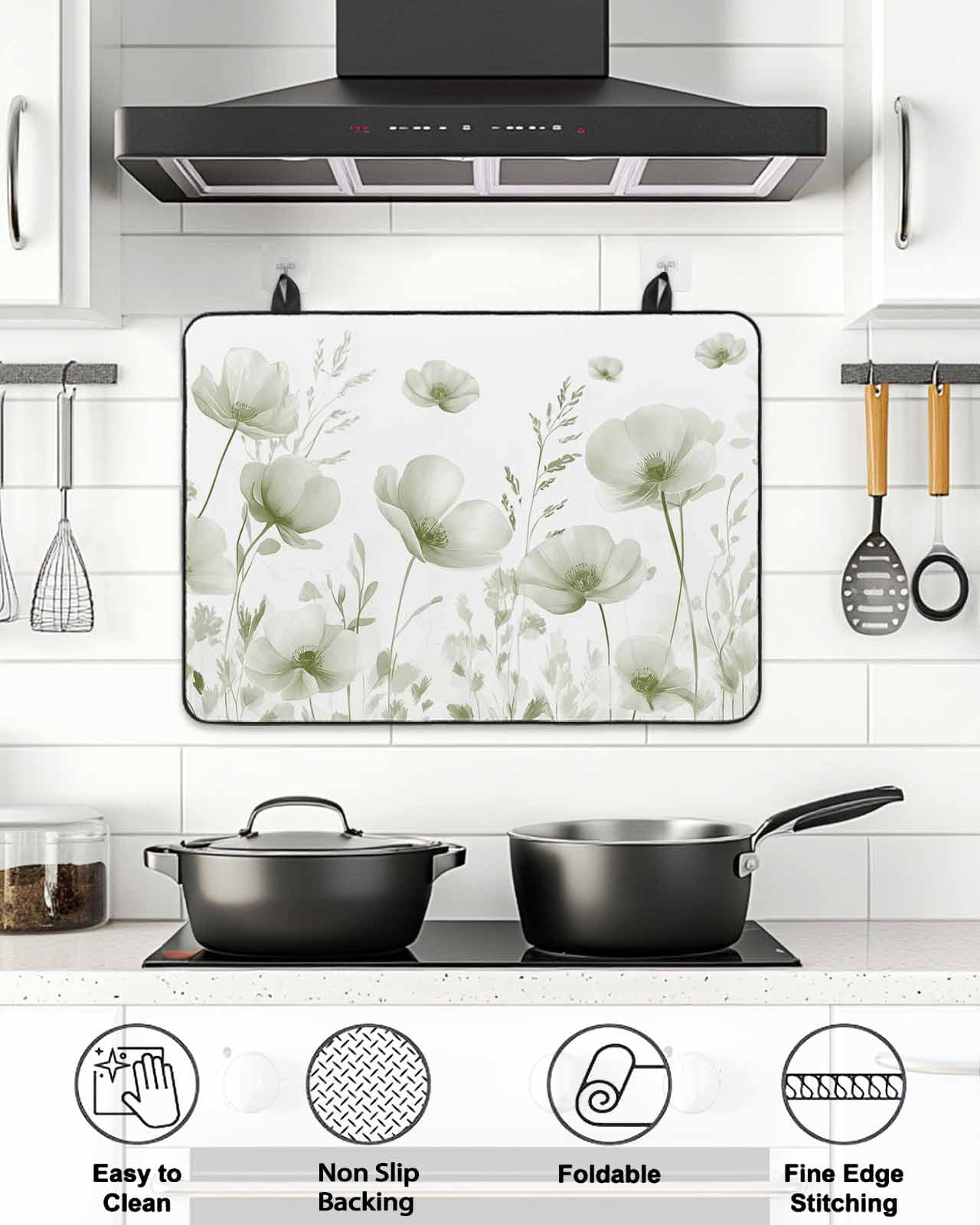 Stove Top Covers for Electric Stove, Sage Green Spring Floral Glass Stovetop Cover Protector, Summer Botanical Watercolor Vintage Induction Cooktop Protector Oven Mat for Kitchen Countertop 31"x24"