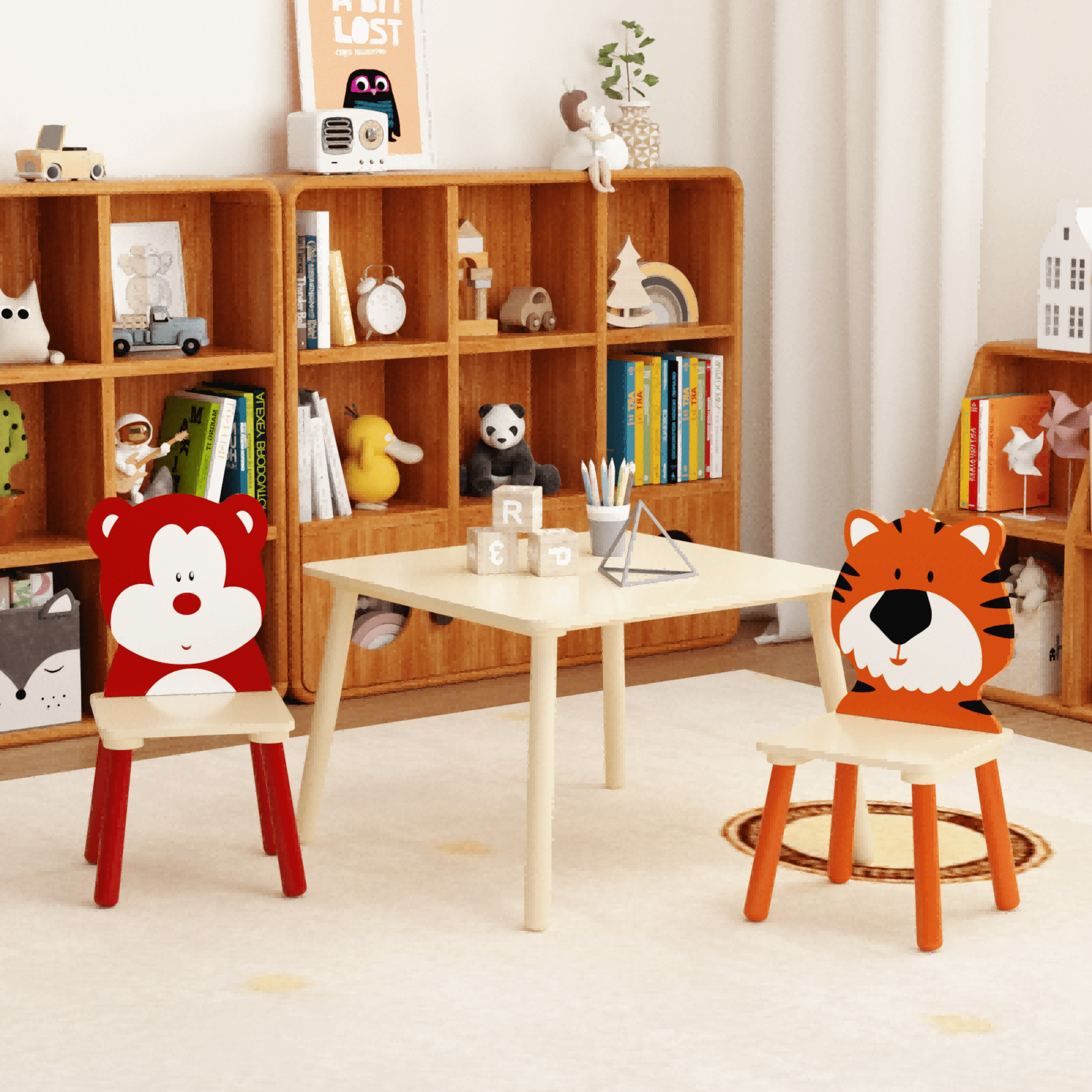 Kids Table and 2 Chairs Set, Wood Children Activity Table Drawing Play Chair Set, 2 Animals Chairs for Reading, Drawing, Eating, Multifunctional Kids Tables for Daycare, Kindergarten, Home