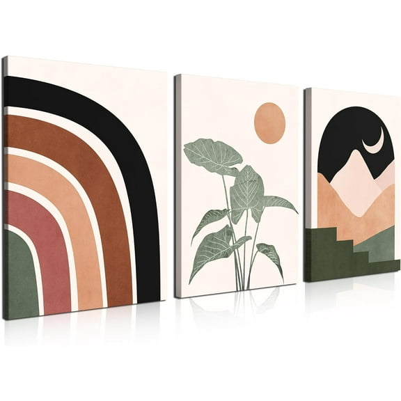 Framed Boho Wall Art, Mid Century Modern Decor, Black Beige Neutral Abstract Geometric Canvas Prints Botanical Boho Bathroom Wall Decor for Bedroom Living Room 12''''x16'''', Ready To Hang