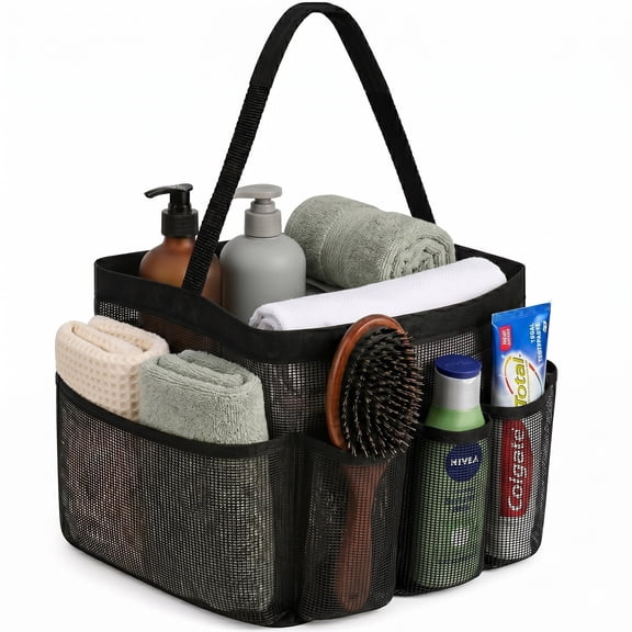 Garnen Mesh Shower Caddy Portable Tote Bag for College Dorm Essentials, 9 Pockets Hanging Caddy Basket Quick Dry Toiletry Bag for Bathroom, Gym, Camp, Travel, 11" Large Capacity, Black