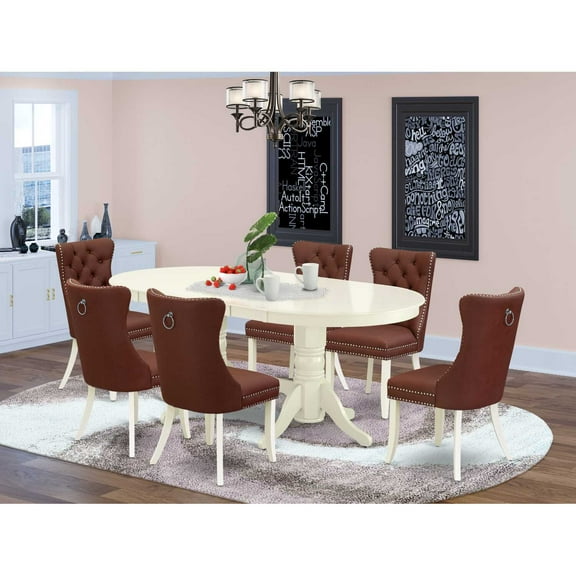 Oval Dining Set - 7 Piece Kitchen Table with 6 Chairs - Linen White Parson Style