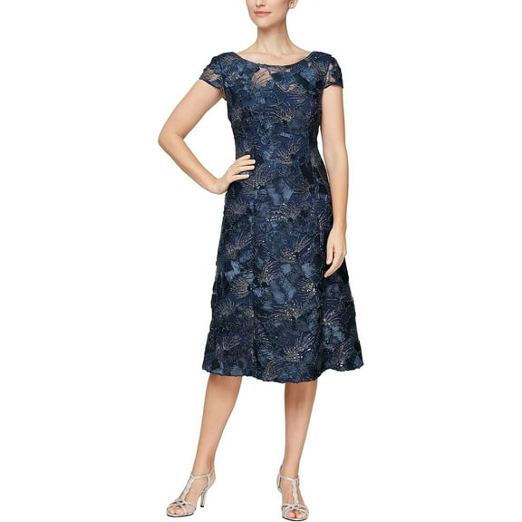 Alex Evenings Short Embroidered A-line Boat Neck Short Sleeve Dress, Women's